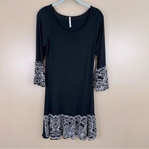 Voll Black White Floral Border Bell Sleeve Mini Dress Small Whimsigoth Retro